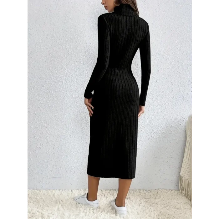 Kadın Uzun Kollu Balıkçı Yaka Yırtmaçlı Düğmeli şardonlu Kaşkorse Elbise