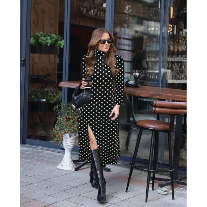 Kadın Uzun Kollu Balıkçı Yaka Yırtmaçlı Krep Elbise