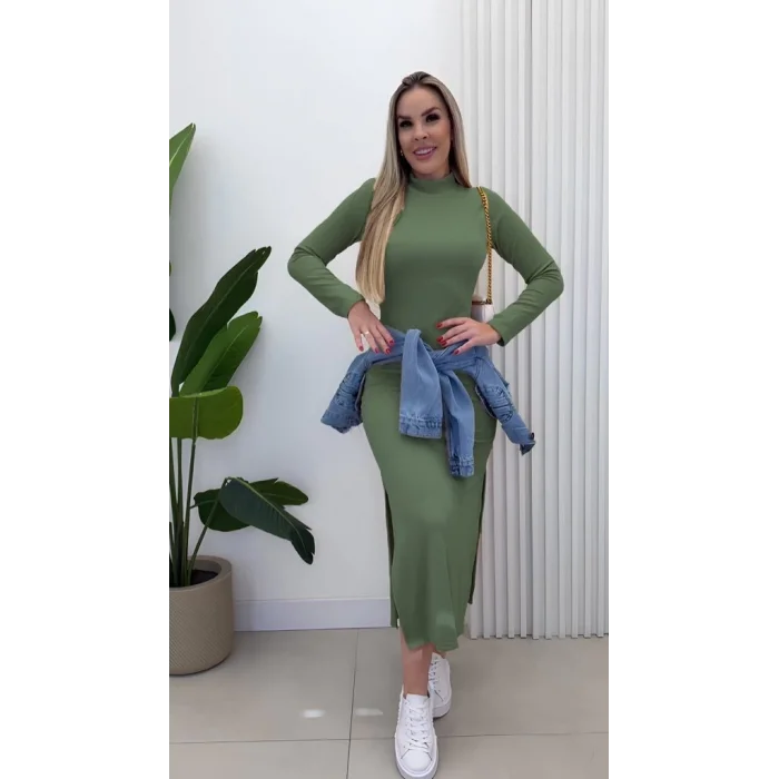 Kadın Uzun Kollu Balıkçı Yakalı Yanlardan Yırtmaçlı Kaşkorse Maxi Elbise