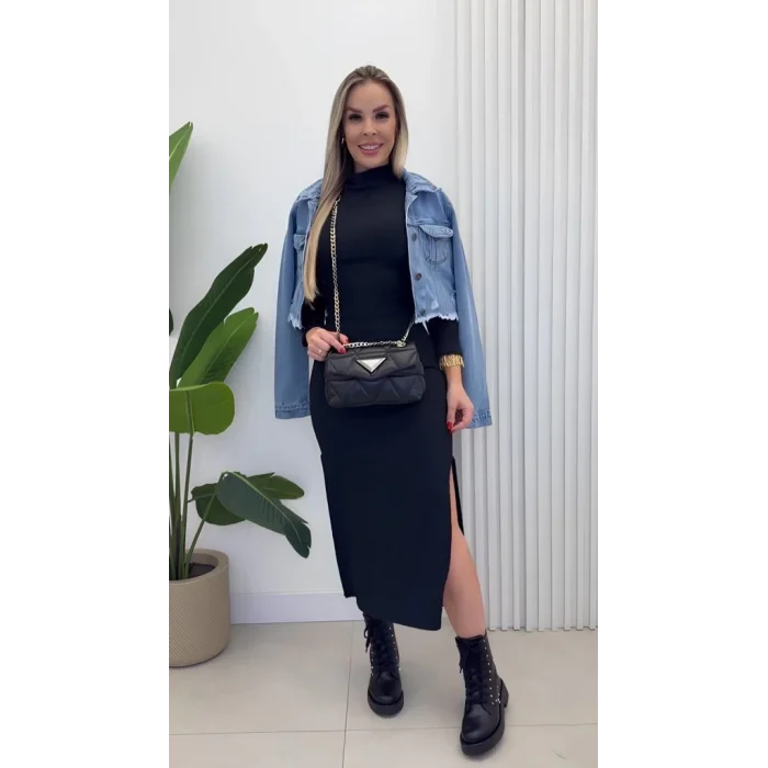 Kadın Uzun Kollu Balıkçı Yakalı Yanlardan Yırtmaçlı Kaşkorse Maxi Elbise