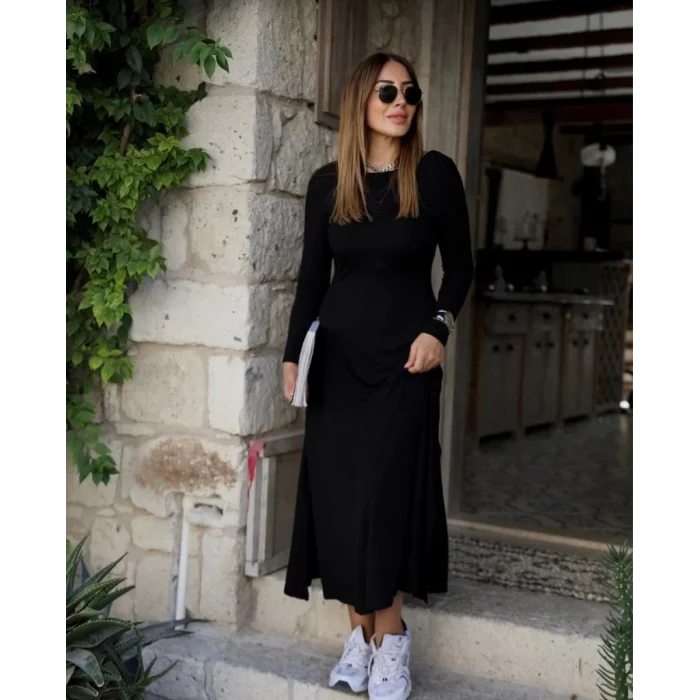 Kadın Uzun Kollu Bisiklet Yaka Arkası çapraz Detaylı Viskon Iki Iplik Maxi Elbise