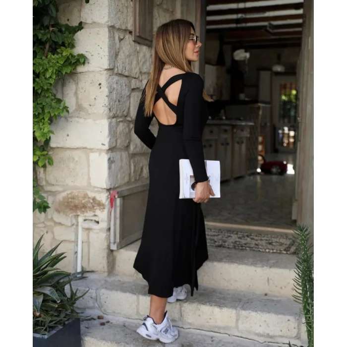 Kadın Uzun Kollu Bisiklet Yaka Arkası çapraz Detaylı Viskon Iki Iplik Maxi Elbise