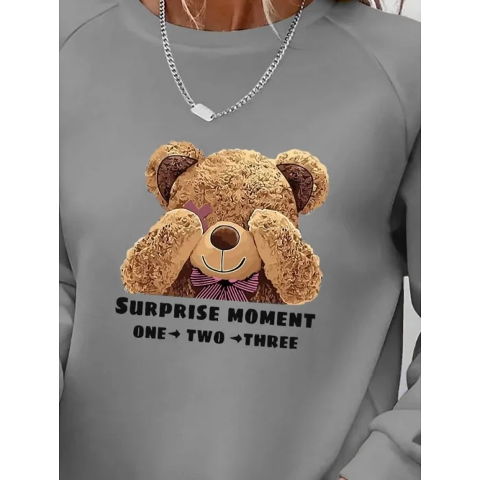 Kadın Uzun Kollu Bisiklet Yaka Ayıcık Desenli Viskon Iki Iplik Bluz