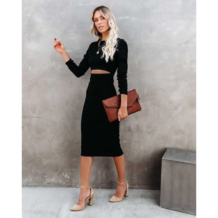 Kadın Uzun Kollu Bisiklet Yaka Bel Dekolteli Krep Midi Boy Elbise