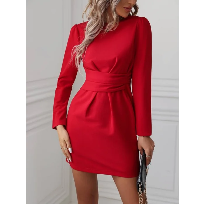 Kadın Uzun Kollu Bisiklet Yaka Bel Kemer Detay Ithal Krep Elbise