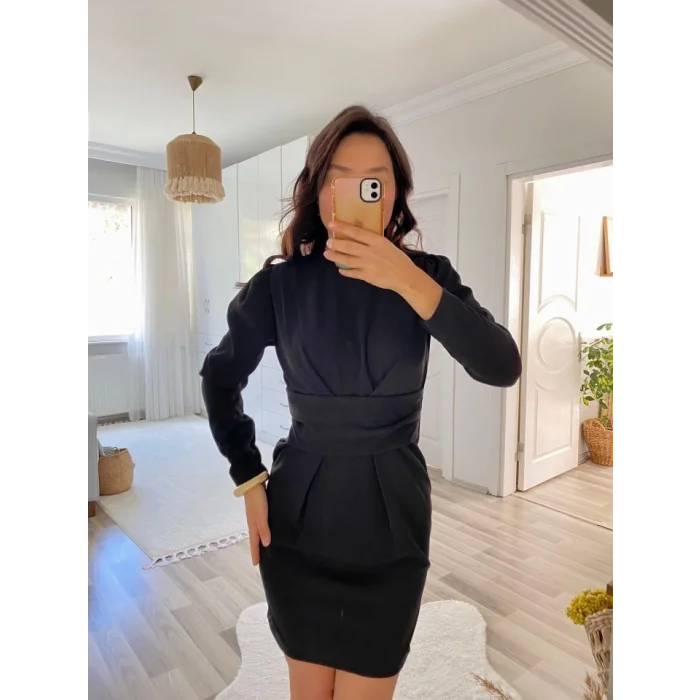 Kadın Uzun Kollu Bisiklet Yaka Bel Kemer Detay Ithal Krep Elbise