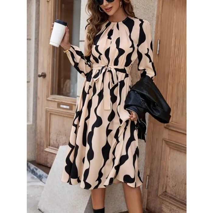 Kadın Uzun Kollu Bisiklet Yaka Belden Bağlamalı Desenli Belden Kuşaklı Mikro Süprem Midi Elbise