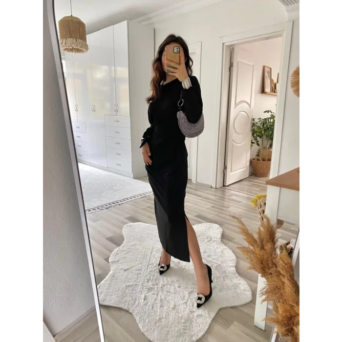 Kadın Uzun Kollu Bisiklet Yaka Belden çapraz Bağlamalı Yandan Yırtmaçlı Uzun Viskon Iki Iplik Elbise