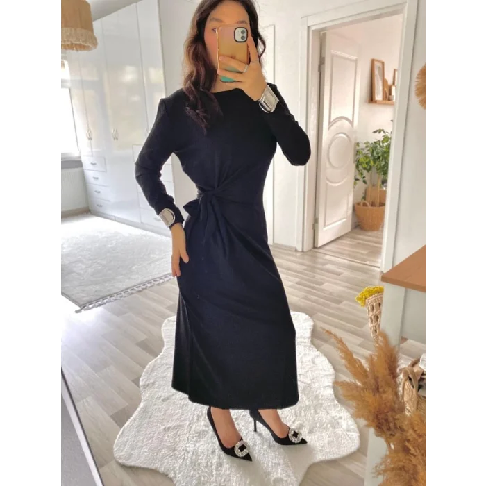 Kadın Uzun Kollu Bisiklet Yaka Belden çapraz Bağlamalı Yandan Yırtmaçlı Uzun Viskon Iki Iplik Elbise