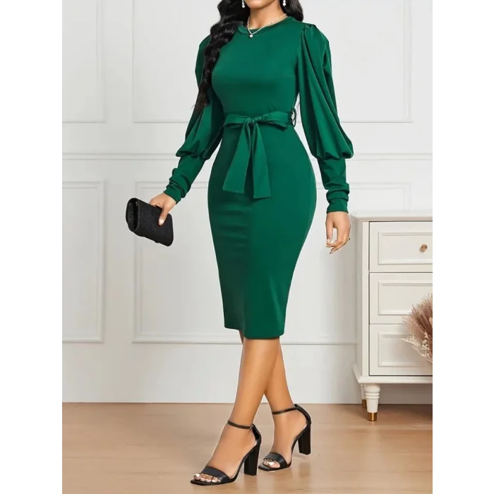 Kadın Uzun Kollu Bisiklet Yaka Beli Kuşaklı Ithal Krep Midi Elbise