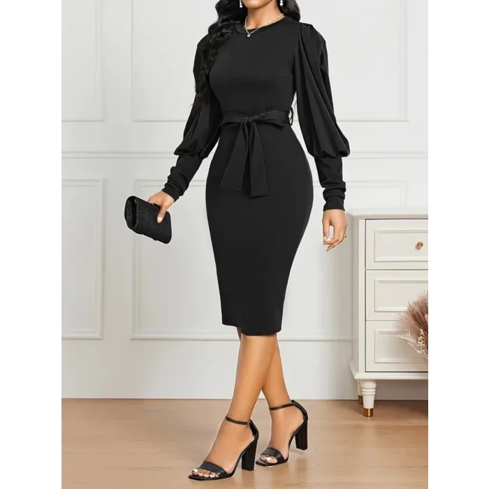 Kadın Uzun Kollu Bisiklet Yaka Beli Kuşaklı Ithal Krep Midi Elbise