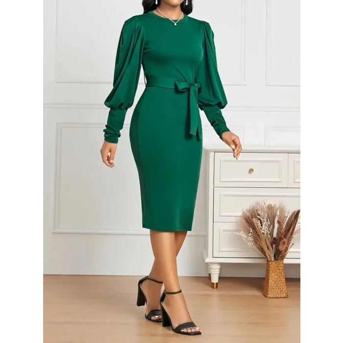 Kadın Uzun Kollu Bisiklet Yaka Beli Kuşaklı Ithal Krep Midi Elbise
