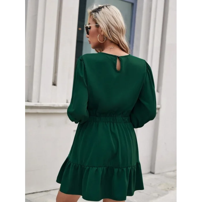 Kadın Uzun Kollu Bisiklet Yaka Beli Lastikli Fırfırlı Ithal Krep Elbise