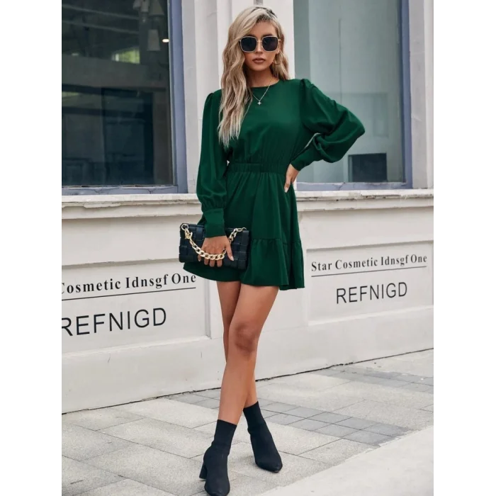 Kadın Uzun Kollu Bisiklet Yaka Beli Lastikli Fırfırlı Ithal Krep Elbise