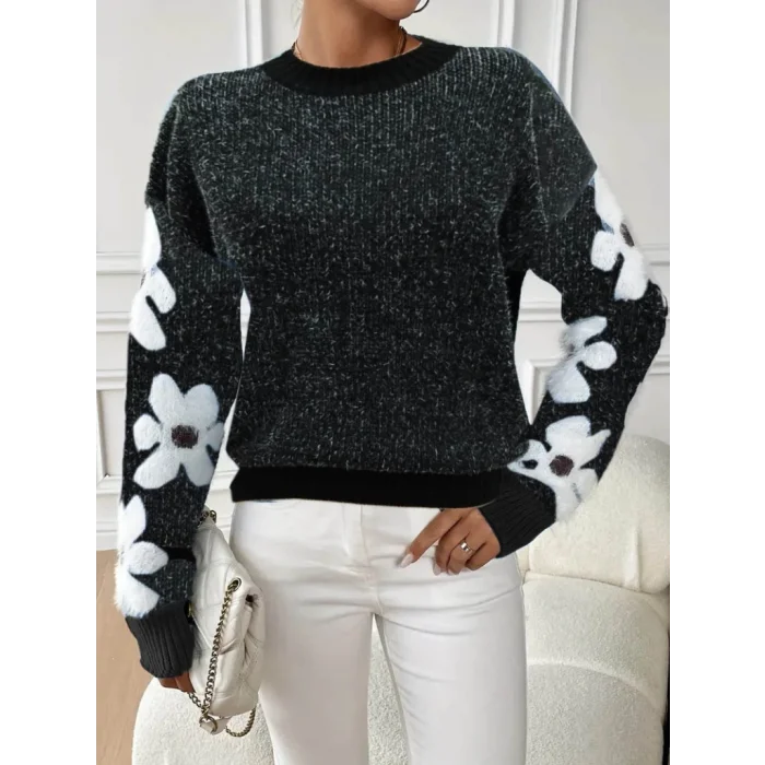 Kadın Uzun Kollu Bisiklet Yaka çiçek Desenli Triko Bluz