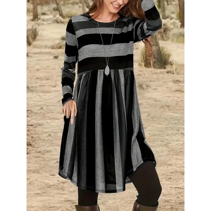 Kadın Uzun Kollu Bisiklet Yaka çizgili Desen Detaylı Süprem Mini Elbise