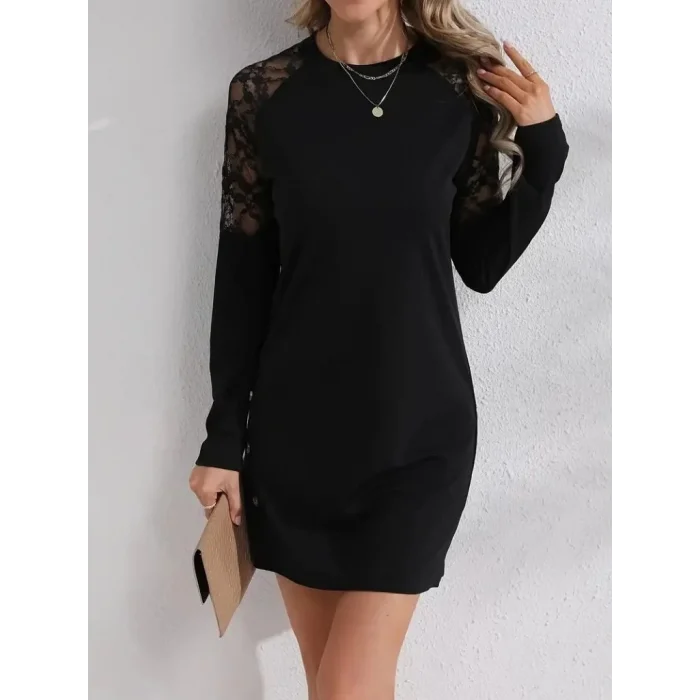 Kadın Uzun Kollu Bisiklet Yaka Dantel Detaylı Visk8n Iki Iplik Düğmeli Mini Elbise