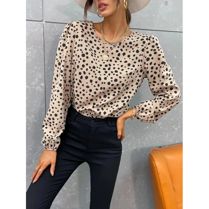 Kadın Uzun Kollu Bisiklet Yaka Desenli Bluz