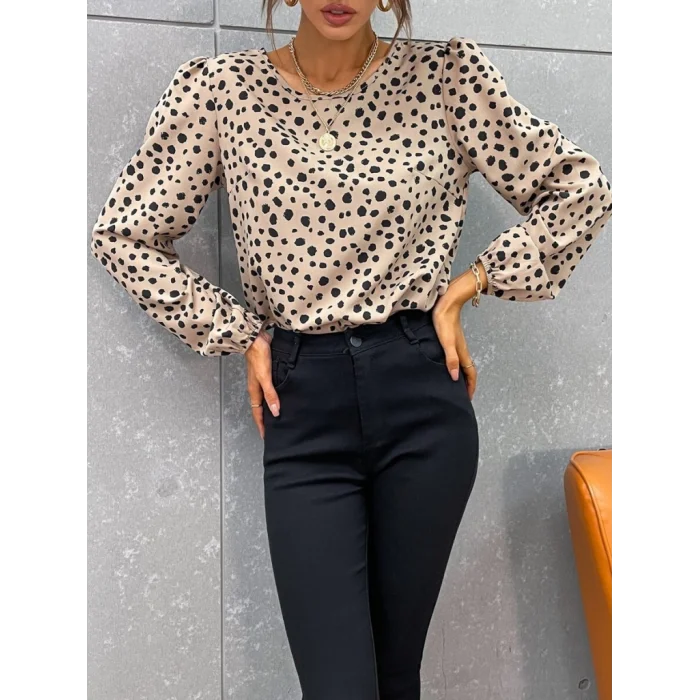 Kadın Uzun Kollu Bisiklet Yaka Desenli Bluz