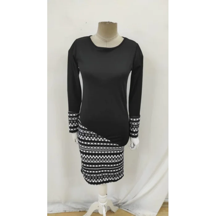 Kadın Uzun Kollu Bisiklet Yaka Desenli Dalgıç Elbise