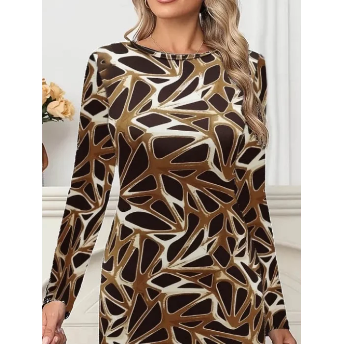 Kadın Uzun Kollu Bisiklet Yaka Desenli Dalgıç Kısa Elbise