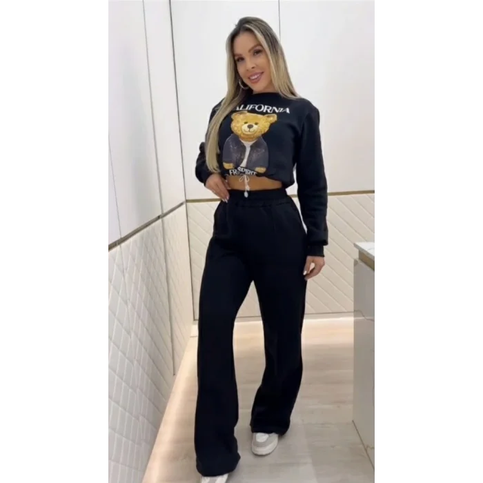 Kadın Uzun Kollu Bisiklet Yaka Desenli Iki Iplik şardonlu Bluz Ve Pantolon Ikili Takım