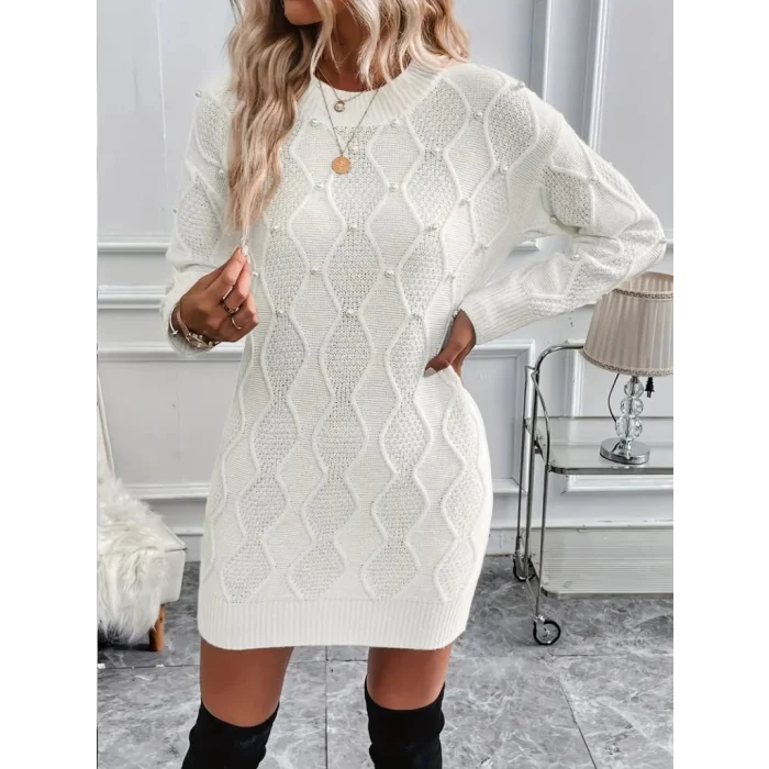 Kadın Uzun Kollu Bisiklet Yaka Desenli Triko Elbise