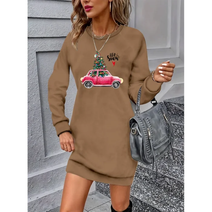 Kadın Uzun Kollu Bisiklet Yaka Desenli Viskon Iki Iplik Elbise