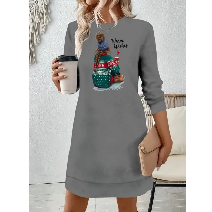 Kadın Uzun Kollu Bisiklet Yaka Desenli Viskon Iki Iplik Elbise