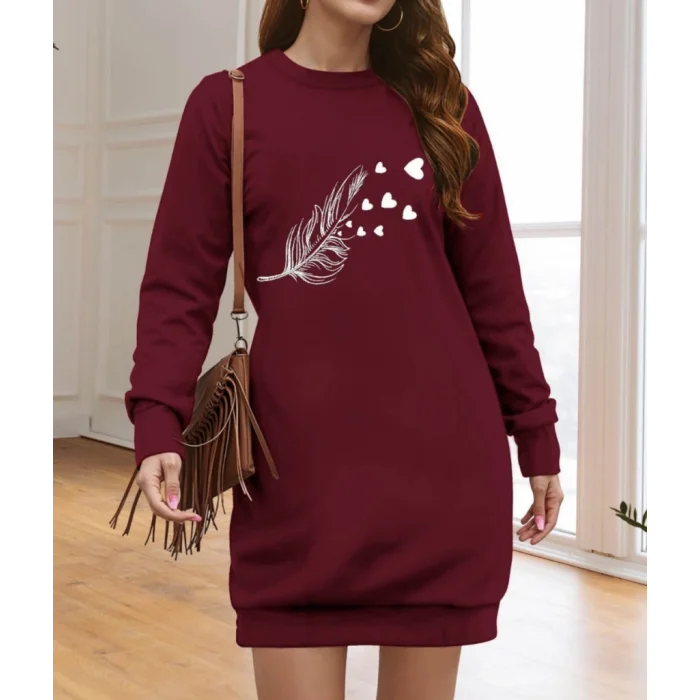 Kadın Uzun Kollu Bisiklet Yaka Desenli Viskon Iki Iplik Elbise