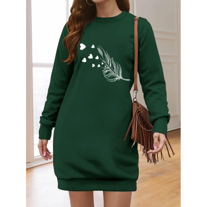 Kadın Uzun Kollu Bisiklet Yaka Desenli Viskon Iki Iplik Elbise