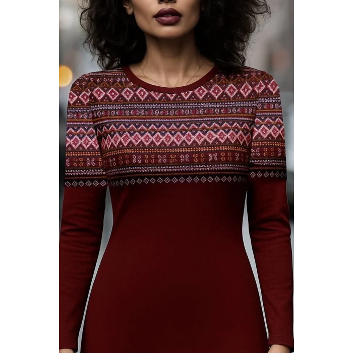 Kadın Uzun Kollu Bisiklet Yaka Etnik Desenli Kısa şardonlu Dalgıç Elbise