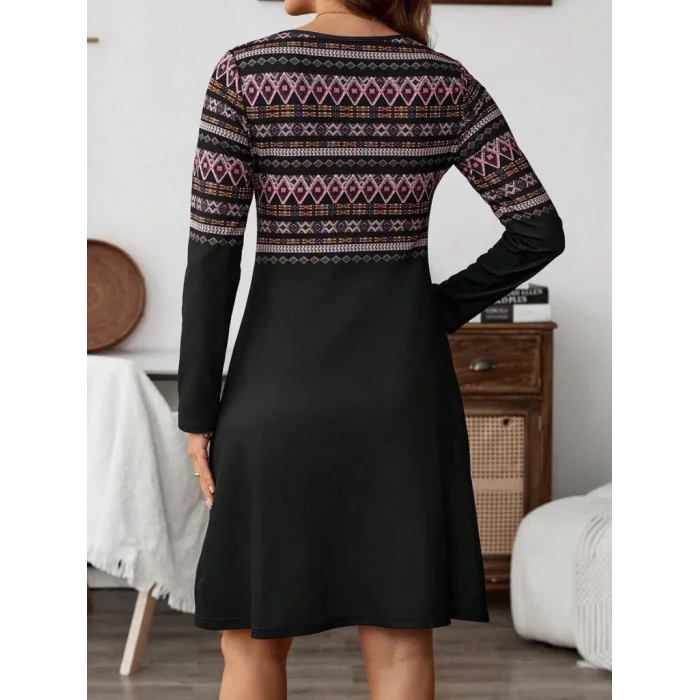 Kadın Uzun Kollu Bisiklet Yaka Etnik Desenli Kısa şardonlu Dalgıç Elbise