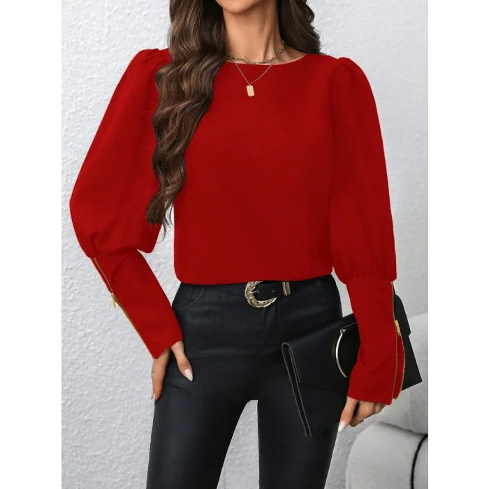 Kadın Uzun Kollu Bisiklet Yaka Fermuar Detaylı Ithal Krep Bluz