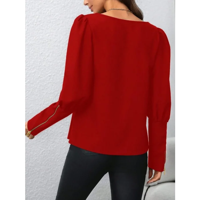 Kadın Uzun Kollu Bisiklet Yaka Fermuar Detaylı Ithal Krep Bluz