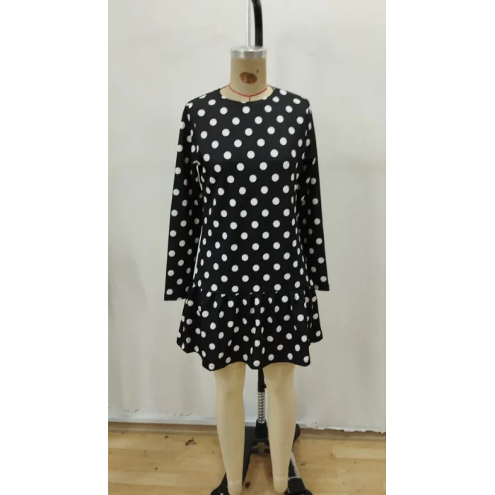 Kadın Uzun Kollu Bisiklet Yaka Fırfırlı Puantiyeli Kısa Modal Elbise