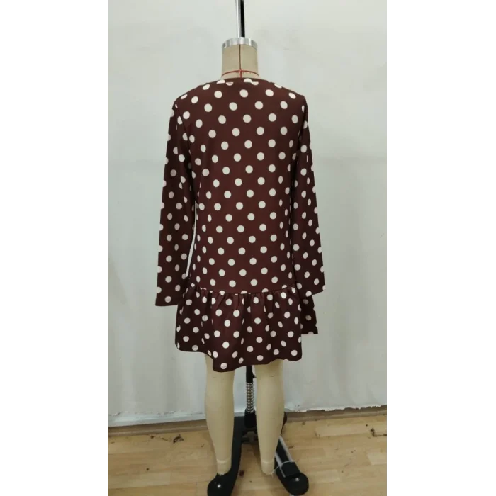 Kadın Uzun Kollu Bisiklet Yaka Fırfırlı Puantiyeli Kısa Modal Elbise