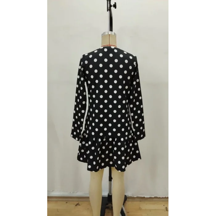 Kadın Uzun Kollu Bisiklet Yaka Fırfırlı Puantiyeli Kısa Modal Elbise