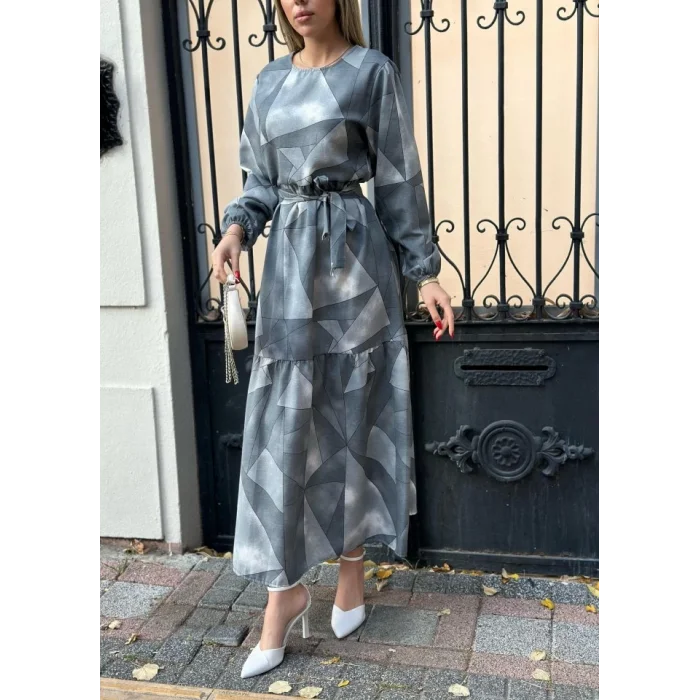 Kadın Uzun Kollu Bisiklet Yaka Geometrik Desen Baskılı Kuşak Dahil Maxi Boy Elbise