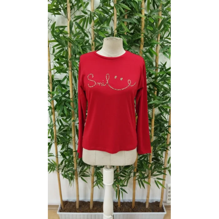 Kadın Uzun Kollu Bisiklet Yaka Gülümseyen Surat Desenli Viskon Bluz