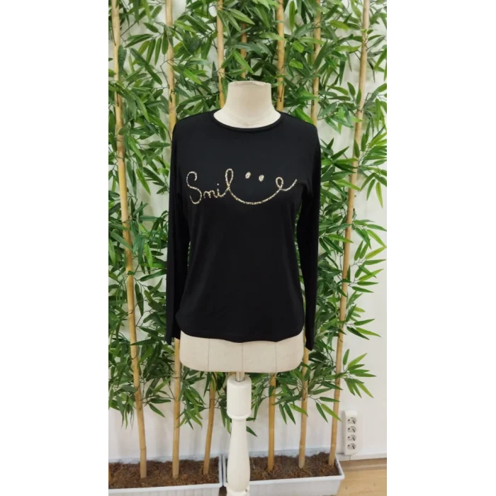 Kadın Uzun Kollu Bisiklet Yaka Gülümseyen Surat Desenli Viskon Bluz