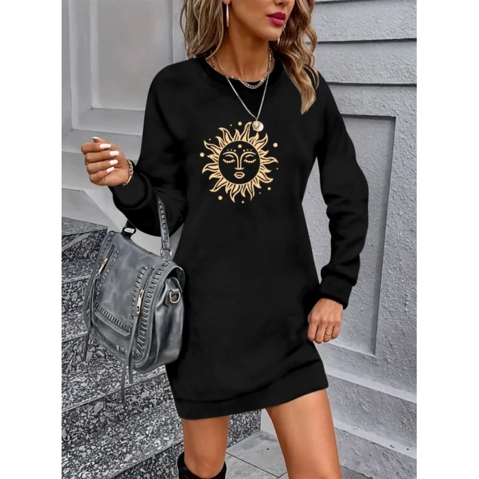 Kadın Uzun Kollu Bisiklet Yaka Güneş Desenli Viskon Iki Iplik Elbise