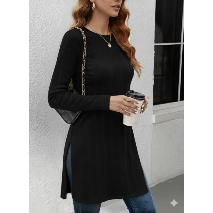 Kadın Uzun Kollu Bisiklet Yaka Iki Yandan Yırtmaç Detay Triko Bluz