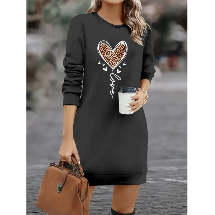 Kadın Uzun Kollu Bisiklet Yaka Kalp Desenli Kısa Viskon Elbise