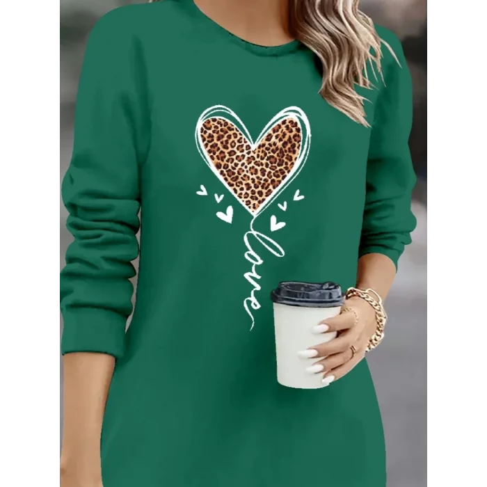 Kadın Uzun Kollu Bisiklet Yaka Kalp Desenli Kısa Viskon Elbise