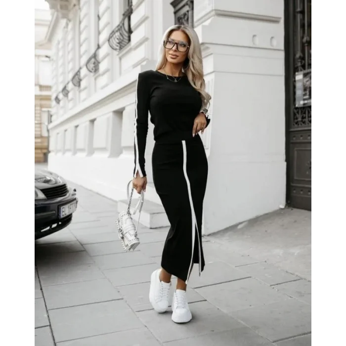 Kadın Uzun Kollu Bisiklet Yaka Kaşkorse Bluz Ve Yırtmaçlı Etek Ikili Takım