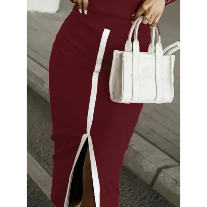 Kadın Uzun Kollu Bisiklet Yaka Kaşkorse Bluz Ve Yırtmaçlı Etek Ikili Takım