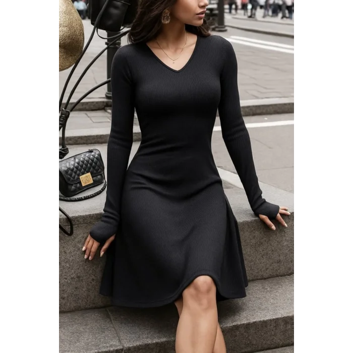 Kadın Uzun Kollu Bisiklet Yaka Kısa Kaşkorse Elbise