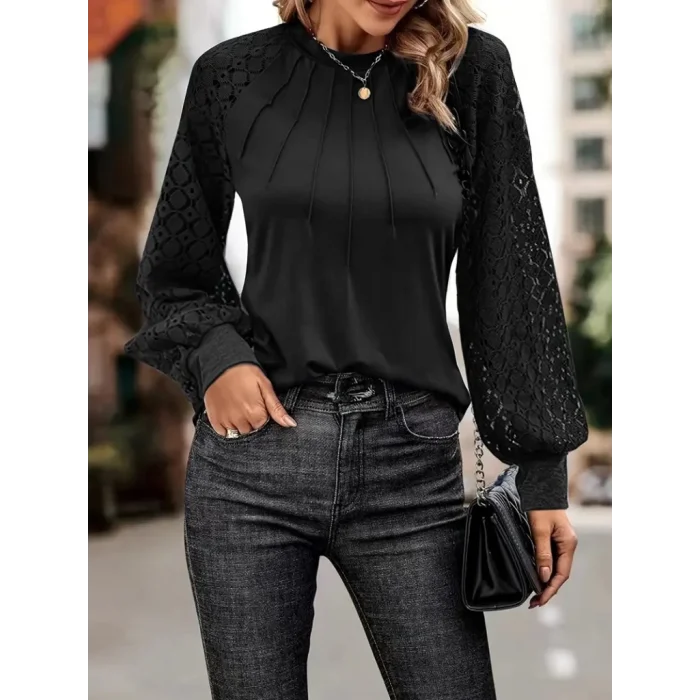 Kadın Uzun Kollu Bisiklet Yaka Kollar Dantel önü çizgi Detaylı Viskon Bluz