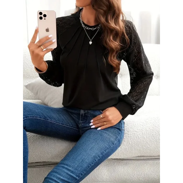 Kadın Uzun Kollu Bisiklet Yaka Kollar Dantel önü çizgi Detaylı Viskon Bluz